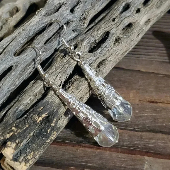 Handcrafted Caged Filigree Faceted Clear Crystal Silver Teardrop Earrings - Picture 7 of 7